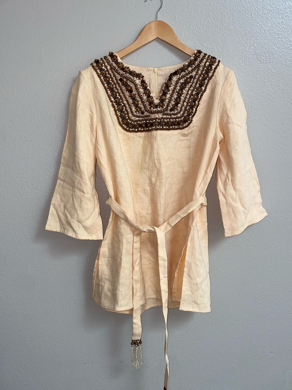 Victor Costa 100% Linen Beaded Size S - Boho Euro Summer Coastal Chic